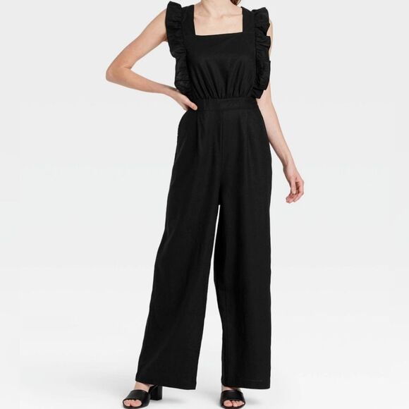 Who What Wear Jumpsuit Womens Size Large Black Ruffle Linen Rayon Summer Resort - Picture 4 of 12